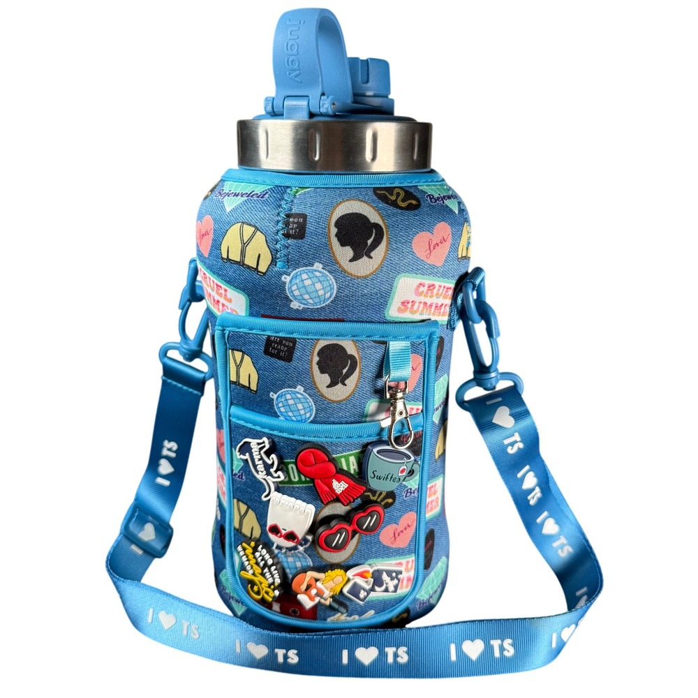 Juggy Taylor Swift Era Inspired Water Bottle Blue 73oz Sleeve Charms Strap